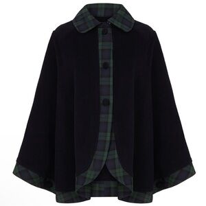 Navy Wool and Cashmere Blend Tartan Plaid Trimmed Cape